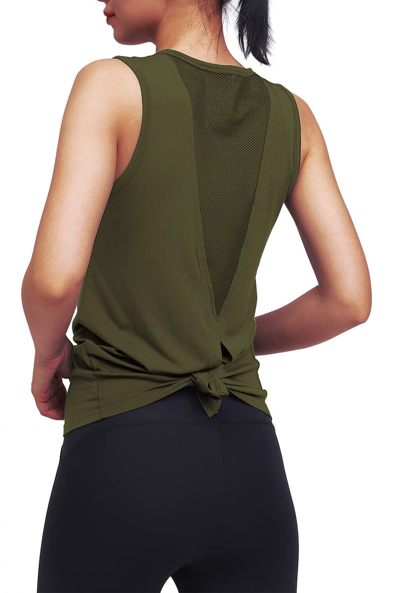 Mippo Workout Tops for Women Yoga Clothes Running Shirts Tie Back Tanks Tennis Shirts Athletic Exercise Tops Army Green S - Image 4